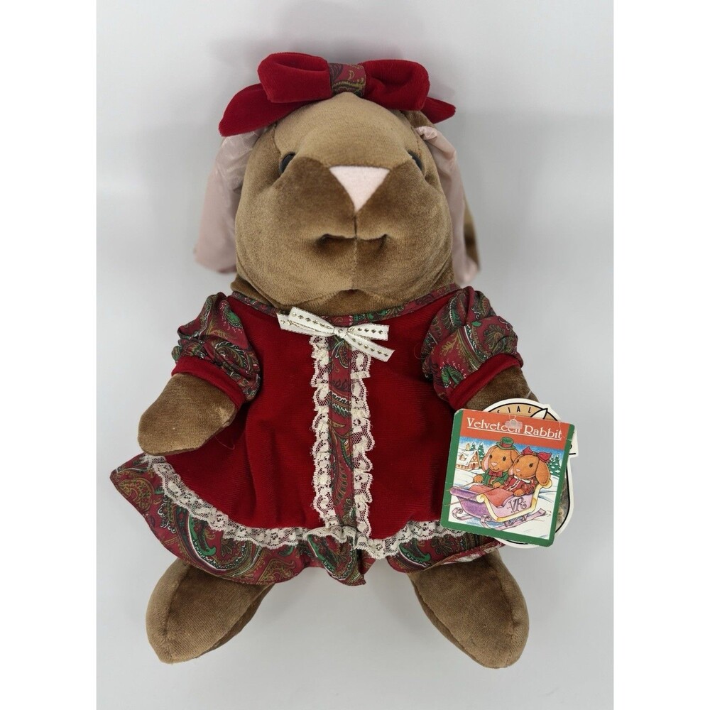 1985 Vtg Velveteen Rabbit Plush Rabbit Red Velvet Christmas Dress Bow Tags EUC